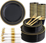 350 Pieces Black and Gold Plastic Plates with Disposable Silverware,