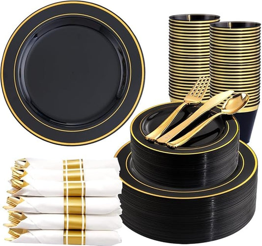 350 Pieces Black and Gold Plastic Plates with Disposable Silverware,