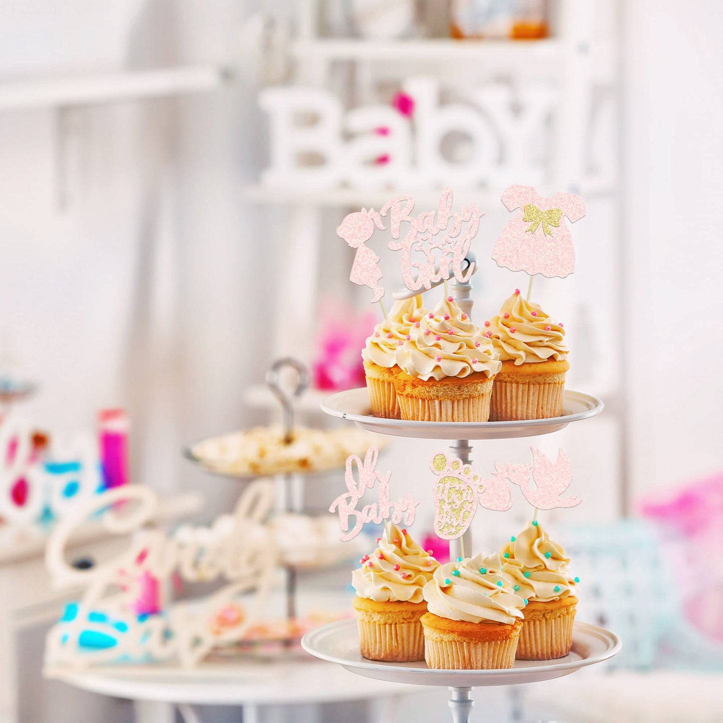 24Pcs Oh Baby Cupcake Toppers Baby Girl Cupcake Toppers with Bow Dress