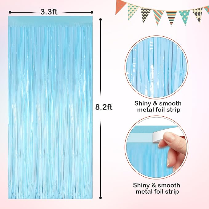 Macaron Light Blue Metallic Tinsel Foil Fringe Curtains, 2 Pack