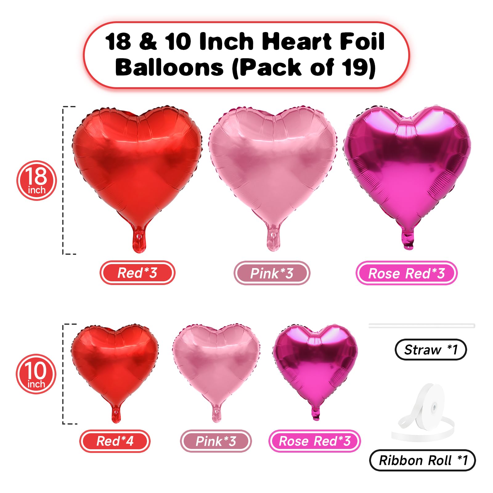 Red Pink Heart Balloons, 19PCS Light Pink Heart Shape Balloon, 18Inch