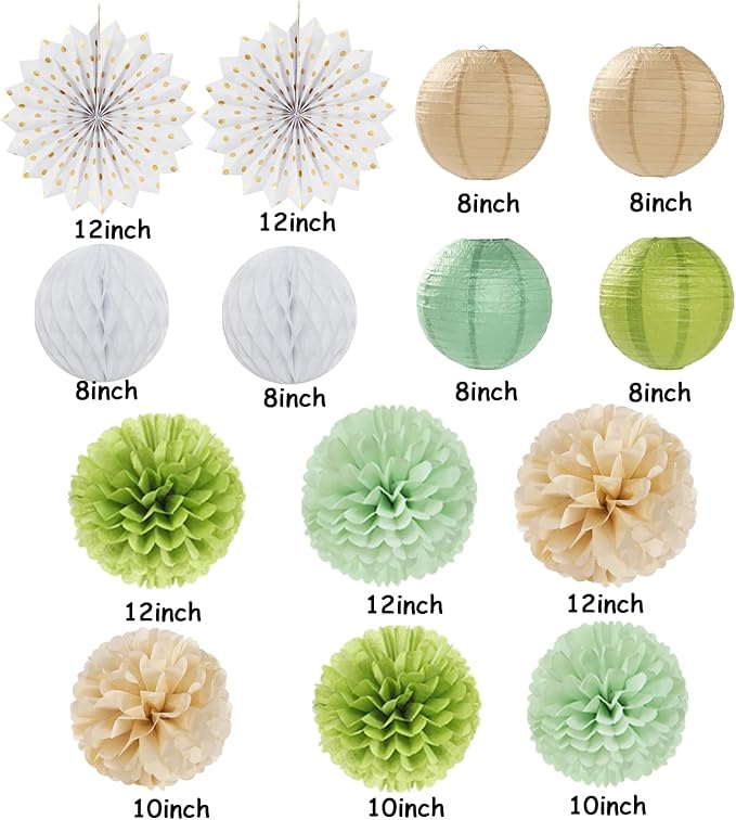 Olive Sage Green Boho Party Decorations Streamers Lanterns 14pcs