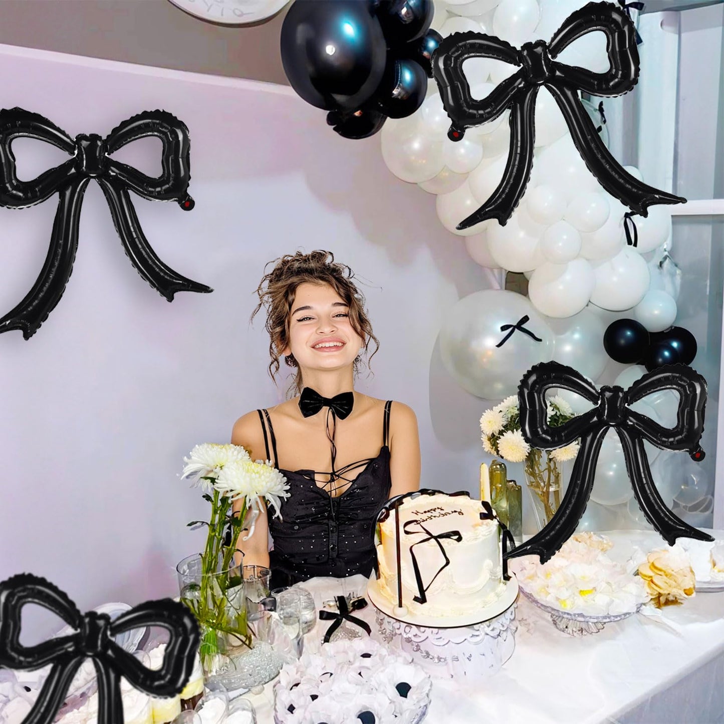5 Pcs Black Bow Balloons Bow Party Decorations for Girl Women Black
