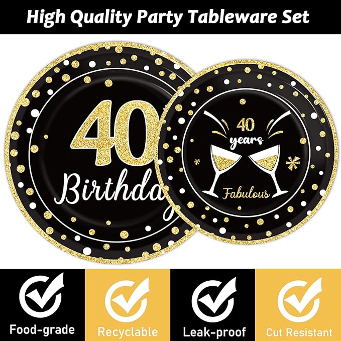 96 Pcs 40th Birthday Plates and Napkins Party Supplies Black Gold