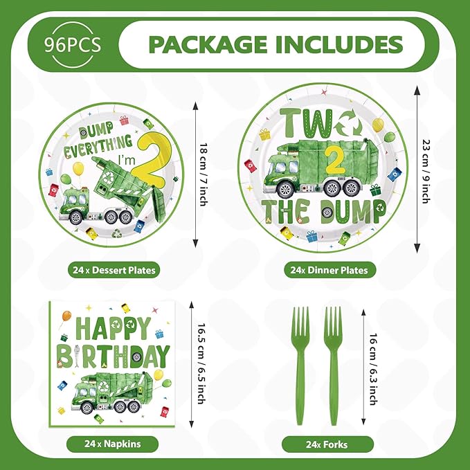 96Pcs Trash Truck 2nd Birthday Party Decoration Green Garbage Truck