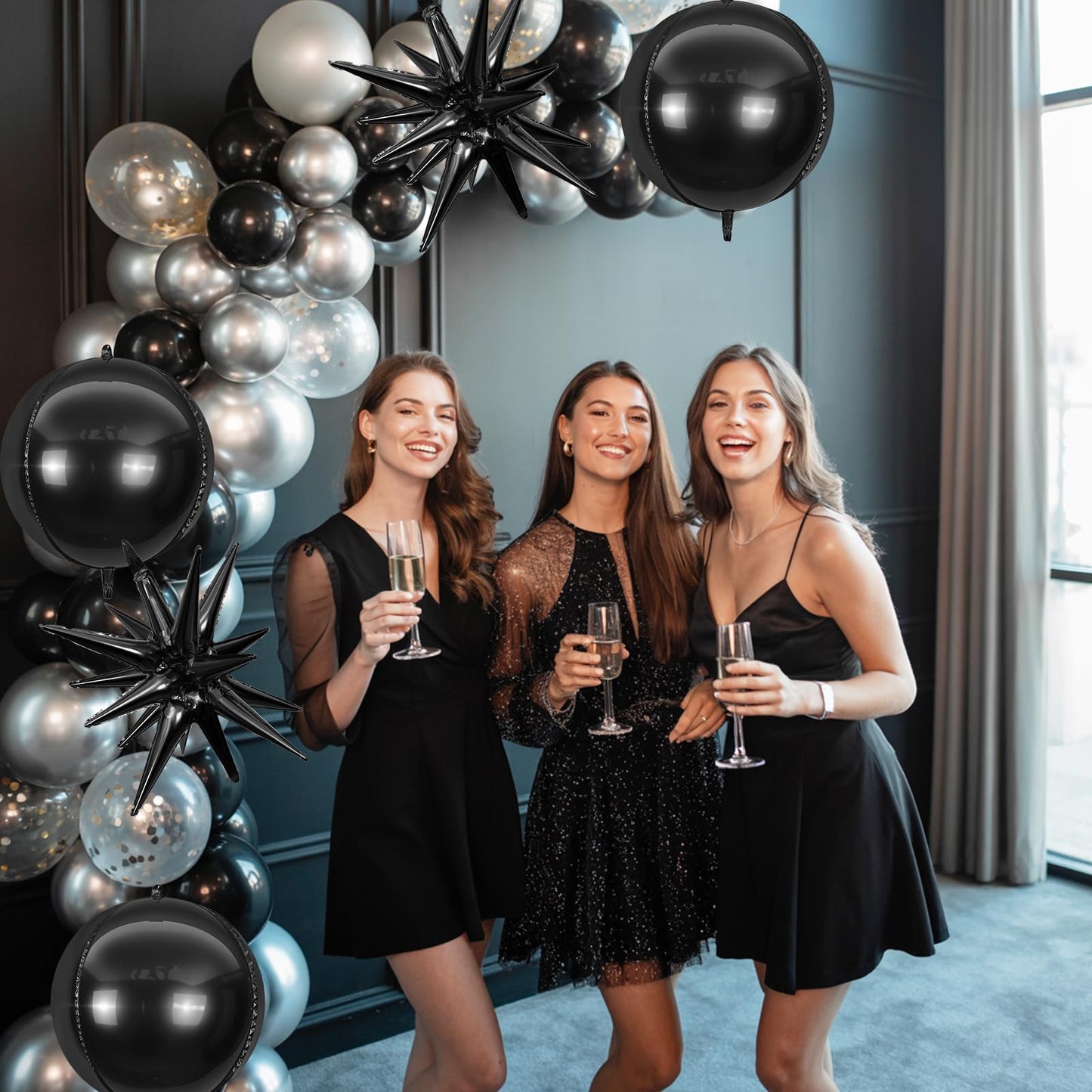 6Pcs Black Foil Balloons,22Inch Black 4D Round Ball Balloon and