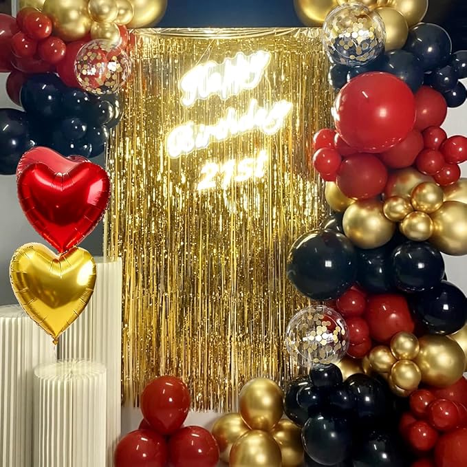 157Pcs Red Black Gold Balloons Garland Arch Kit with Glitter Fringe
