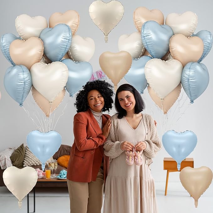 Blue Cream Heart Foil Balloons, 12Pcs Baby Blue Beige Nude Heart