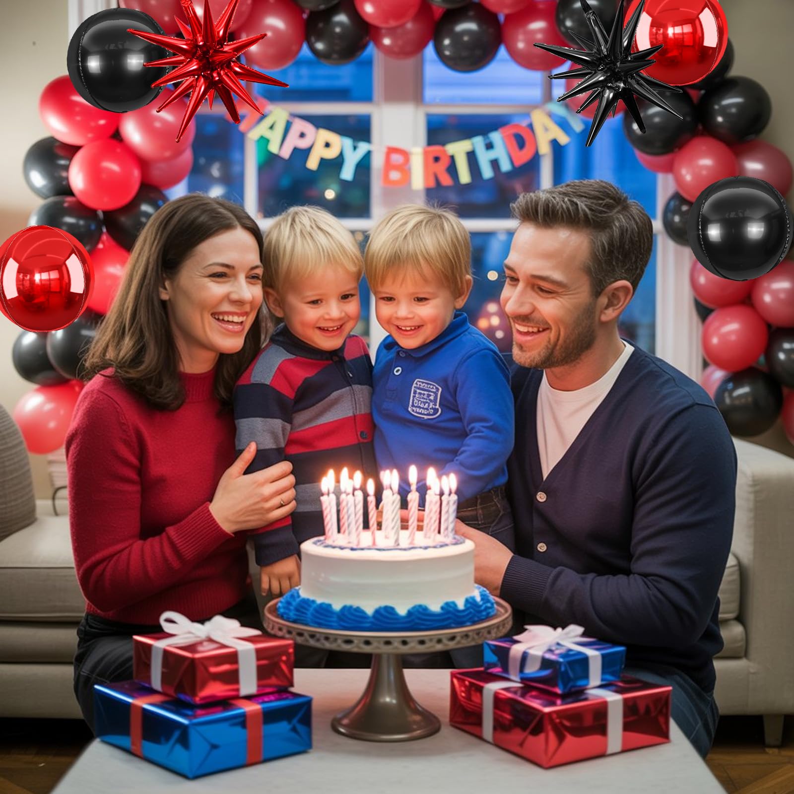 6Pcs Black Red Foil Balloons,22Inch Black Red 4D Round Ball Balloon