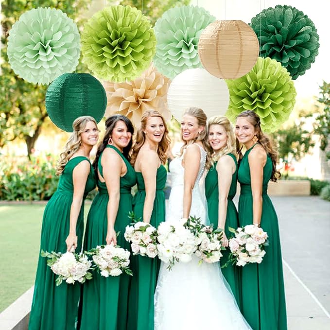 Sage Green Boho Party Decorations Paper Flowers Lanterns 15PCS