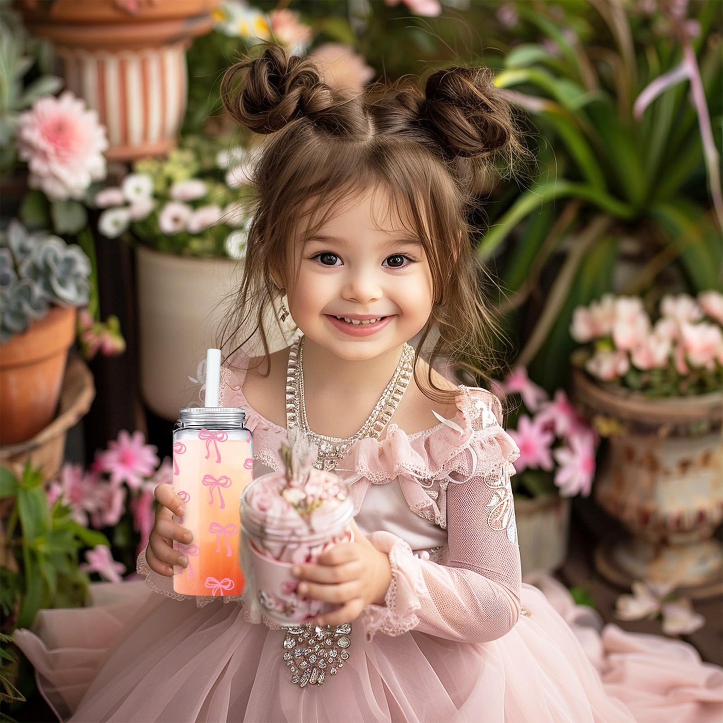 Whaline 20Pcs Pink Bow Plastic Cups with Lids and Straws Clear