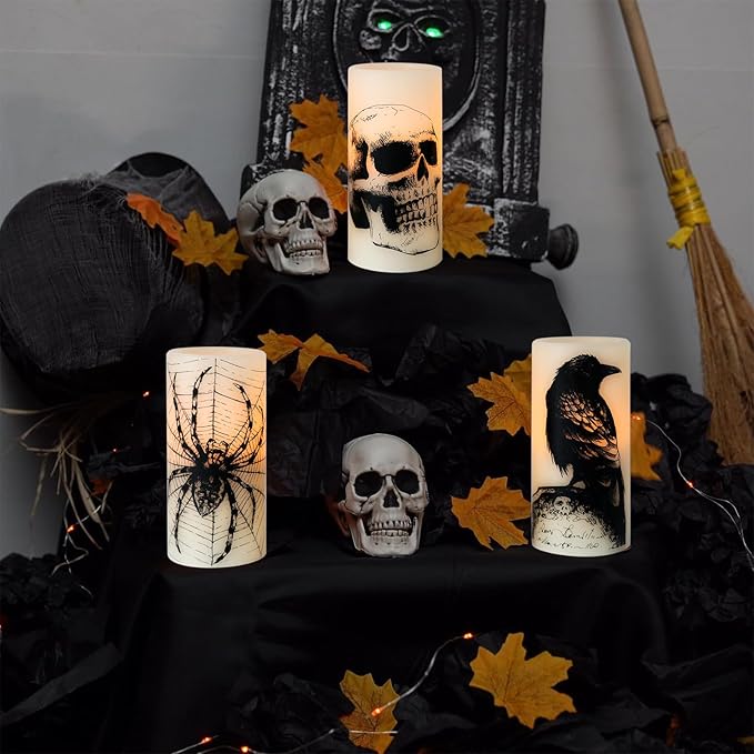 Halloween Flameless Candles with Skull Spider Web Crow Raven Decal