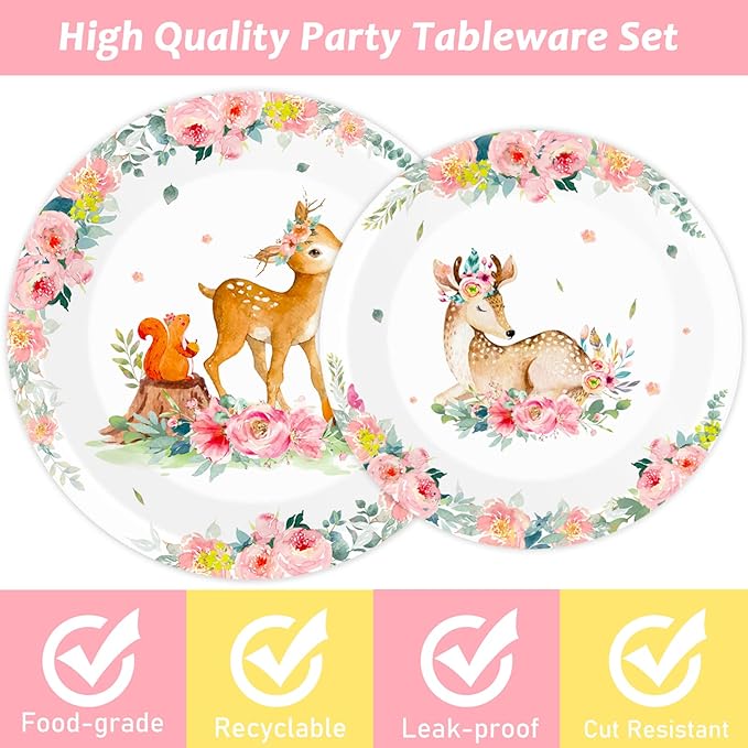 96PCS Woodland Baby Shower Tableware Set Girls Pink Safari