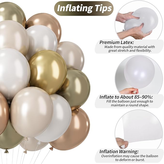 Champagne Gold and White Balloons, 12 Inch Double Stuffed Pearl White