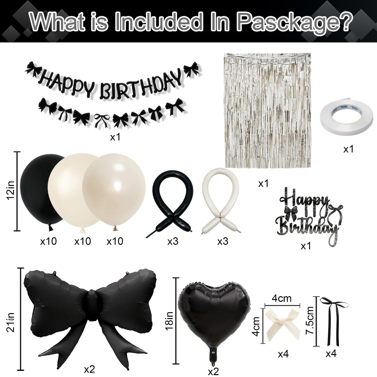 Black Bow Birthday Party Decorations, Coquette Bow Black Sand White