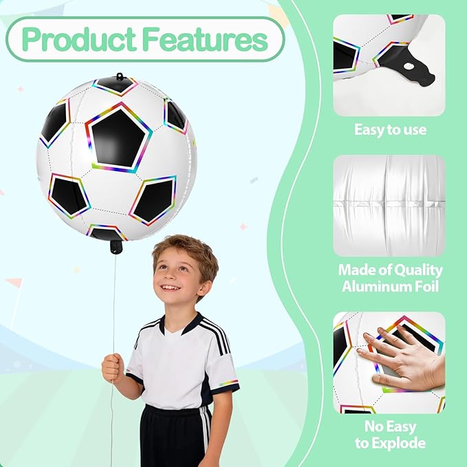 6 Pcs Soccer Balloons, 22 Inch Large Soccer Foil Balloon, 4D Colorful