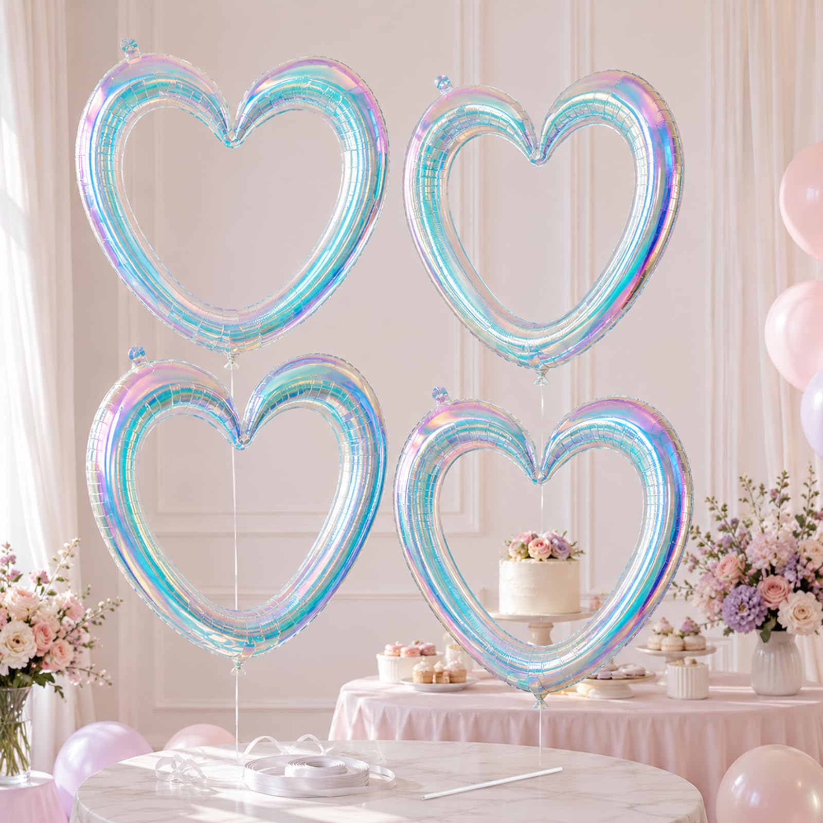 Iridescent Hollow Heart Balloons, 4 Pcs 40 Inch Clear Rainbow