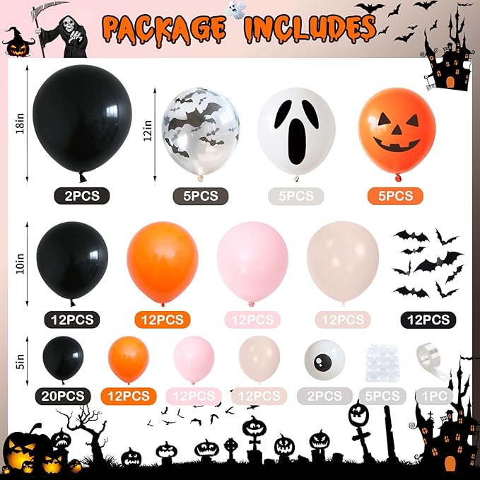Halloween Balloon Arch Pink Black Orange Balloons Garland 3D Bat