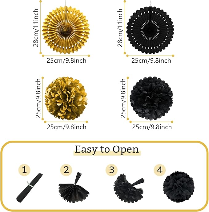 Black and Gold Decorations, Paper Pompoms Fan for Graduation Birthday