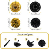 Black and Gold Decorations, Paper Pompoms Fan for Graduation Birthday