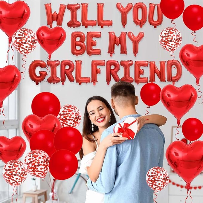 Letter Balloons - Will You Be My Girlfriend 18“ Red Heart Foil