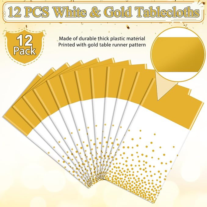 12Pcs White and Gold Tablecloth Party Decorations,Plastic White Table