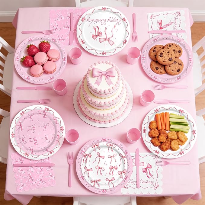 Pink Bow Happy Birthday Decorations Set for 16 Bachelorette Party
