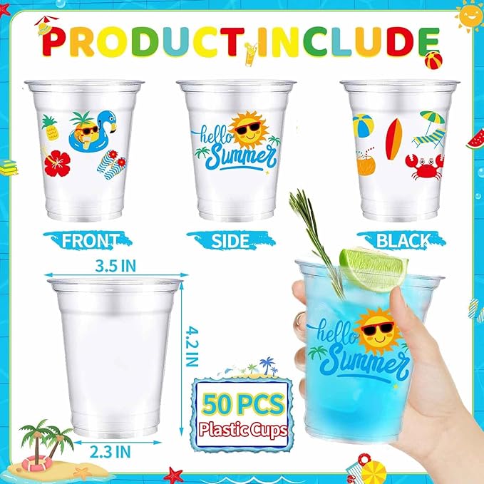 50 Summer Pool Party Cups 12 oz Hello Summer Party Decorations