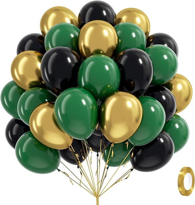 60pcs Green and Black balloons 12inch with Dark Green Metallic Gold