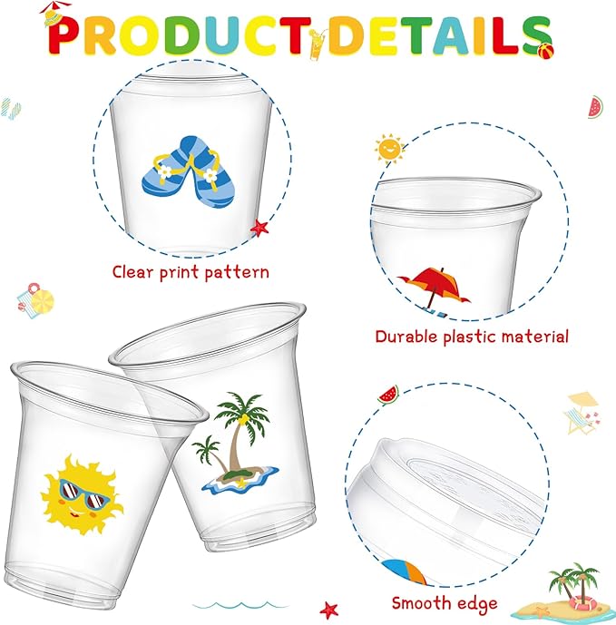 60 Pcs Pool Party Cups 10 oz Clear Disposable Summer Beach Cups