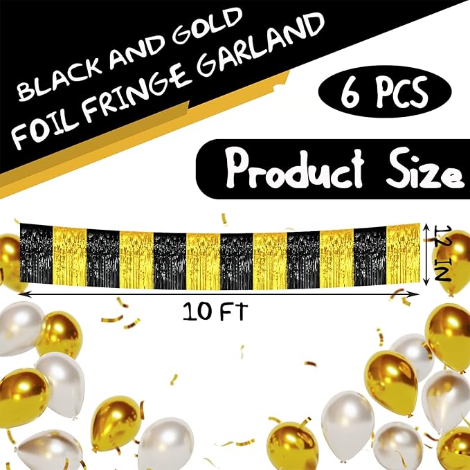 6 Pack 10 Feet Black Gold Foil Fringe Garland Metallic Tinsel