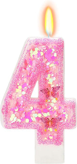 Pink Birthday Candles - Number 4 Candle for Birthday Girl, Butterfly