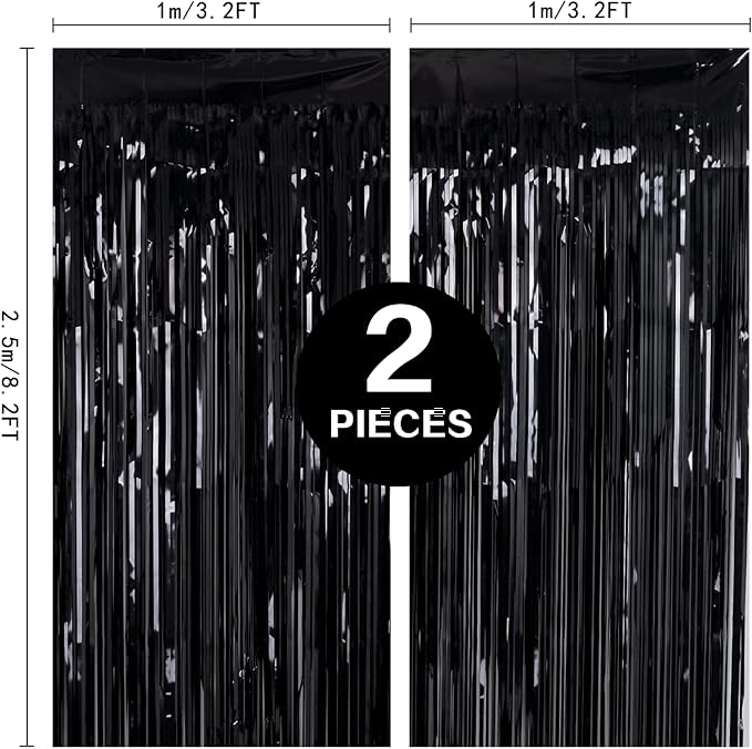 2 Pack 3.2ft x 8.2ft Black Tinsel Foil Fringe Curtains, Metallic Foil