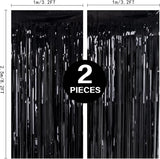 2 Pack 3.2ft x 8.2ft Black Tinsel Foil Fringe Curtains, Metallic Foil