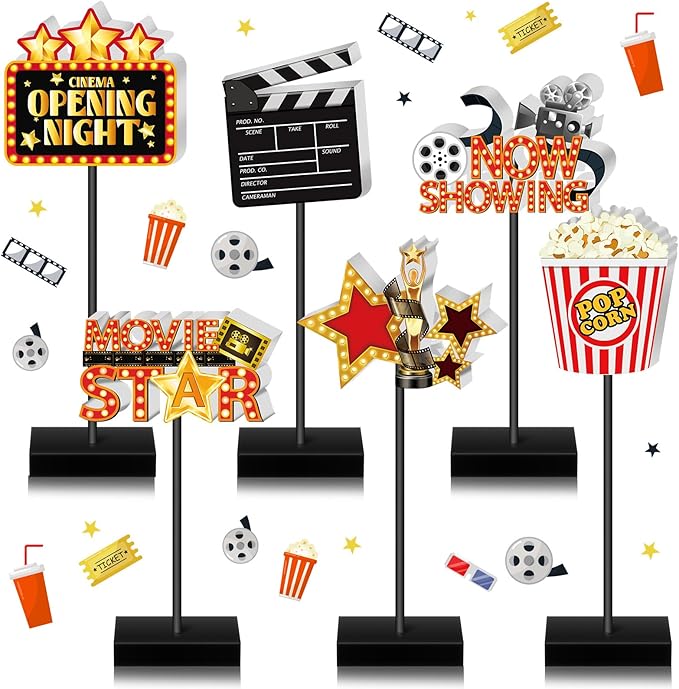 6 Pcs Movie Night Wooden Sign Set Movie Party Decorations Star Video