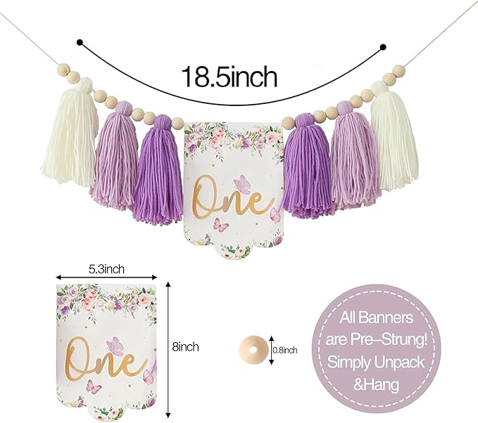 Handmade Butterfly Flower 1st Birthday High Chair Banner Purple