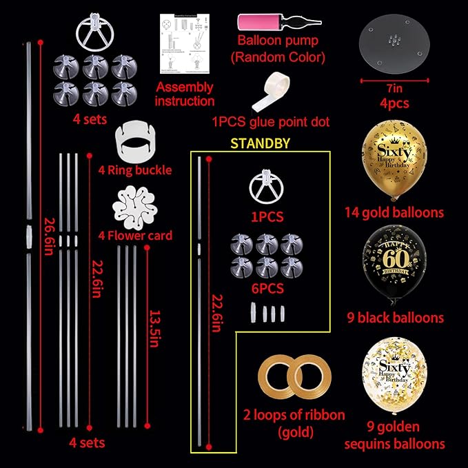 4 Set Black Gold Balloon Stand Kit for Birthday Decorations for 60th