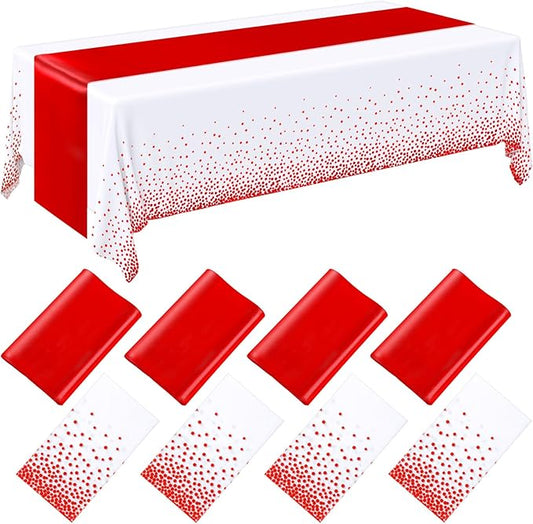 Breling 8 Pack White and Red Disposable Plastic Tablecloths and Satin