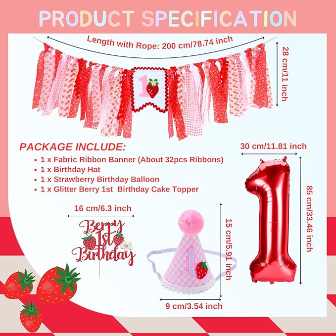 Strawberry Highchair Banner for Baby First Birthday Party