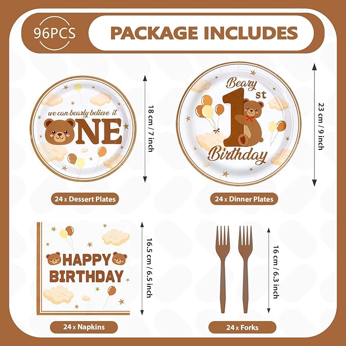 96 Pcs Beary First Birthday Decorations Brown Bear 1st Birthday