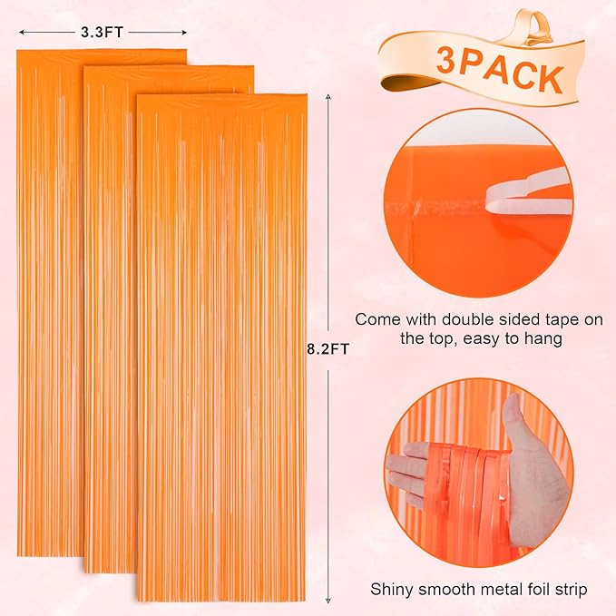 Voircoloria 3 Pack 3.3x8.2 Feet Orange Foil Fringe Backdrop Curtains,