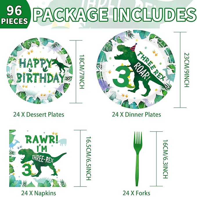96 PCS Dinosaur 3rd Birthday Party Supplies 350 GSM 3 Rex Dinosaur