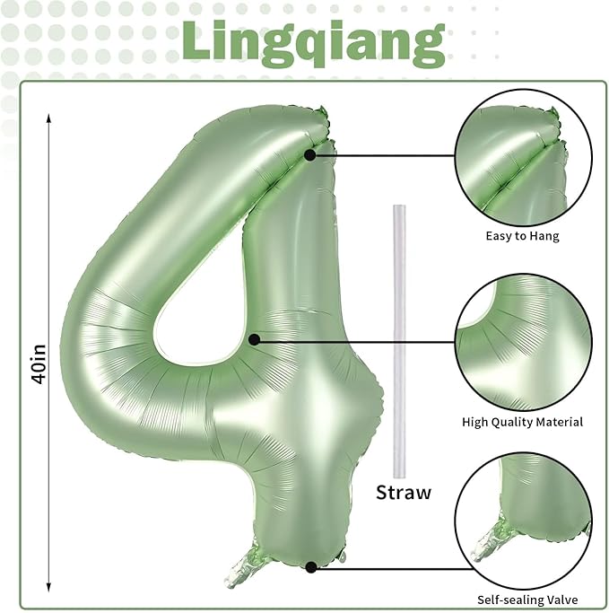40 Inch Sage Green Foil Balloon Number 4, Large Self Inflating Olive