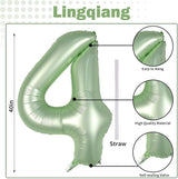 40 Inch Sage Green Foil Balloon Number 4, Large Self Inflating Olive