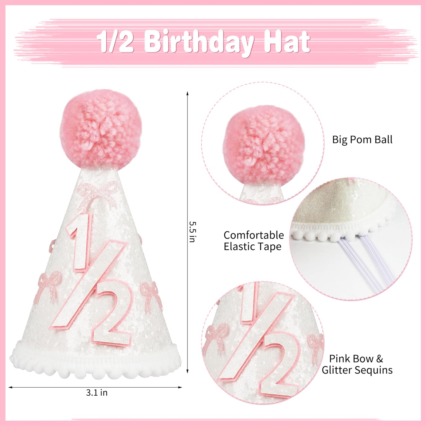 1/2 Birthday Girl Half Birthday Decorations Pink Bow It's My 1/2 Birth