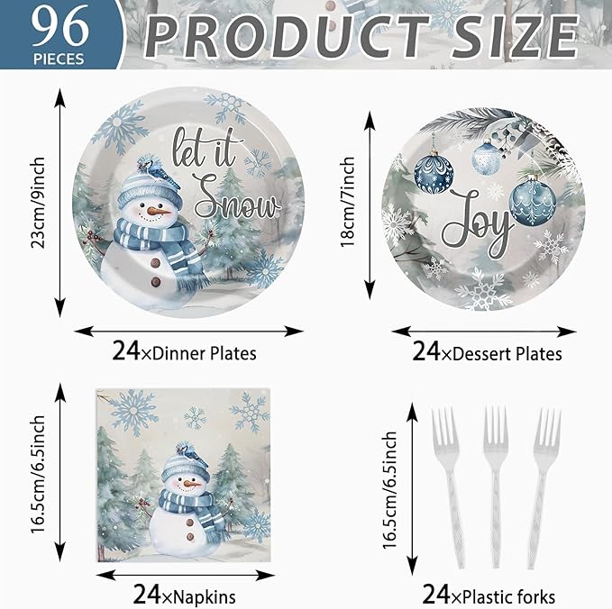 96pcs Christmas Party Plates and Napkins Blue and Gray Winter