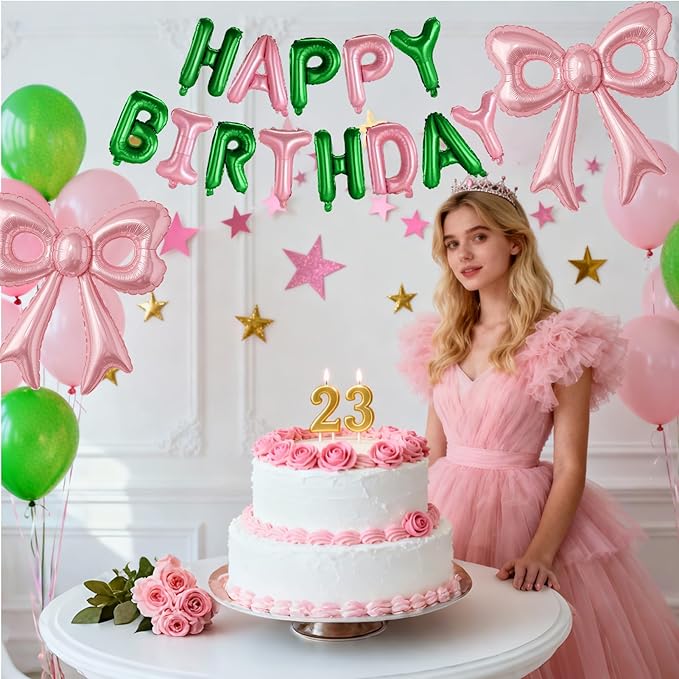 Pink and Green Happy Birthday Balloons, 31”Huge Pink Bow Aluminum