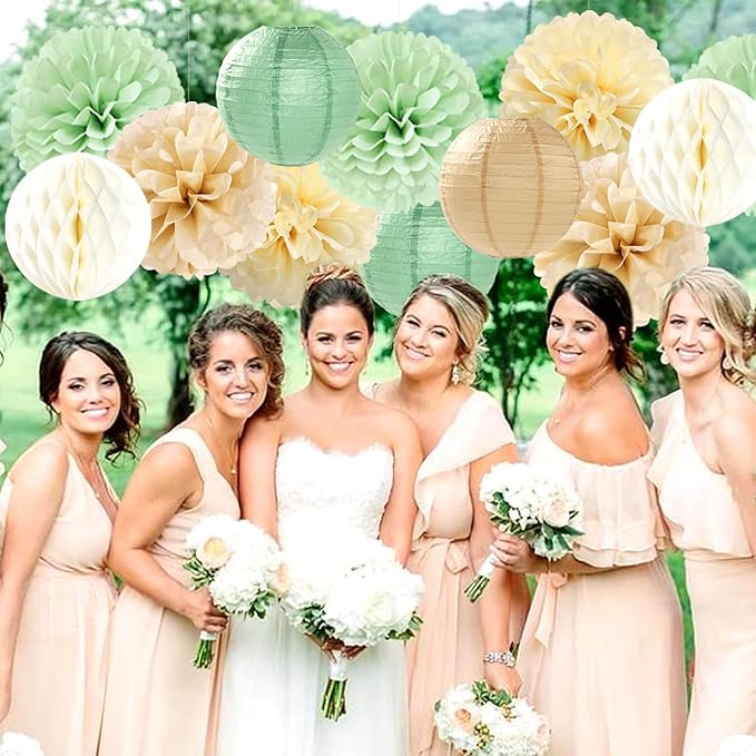 Sage Green Boho Party Decorations Paper Flowers Lanterns