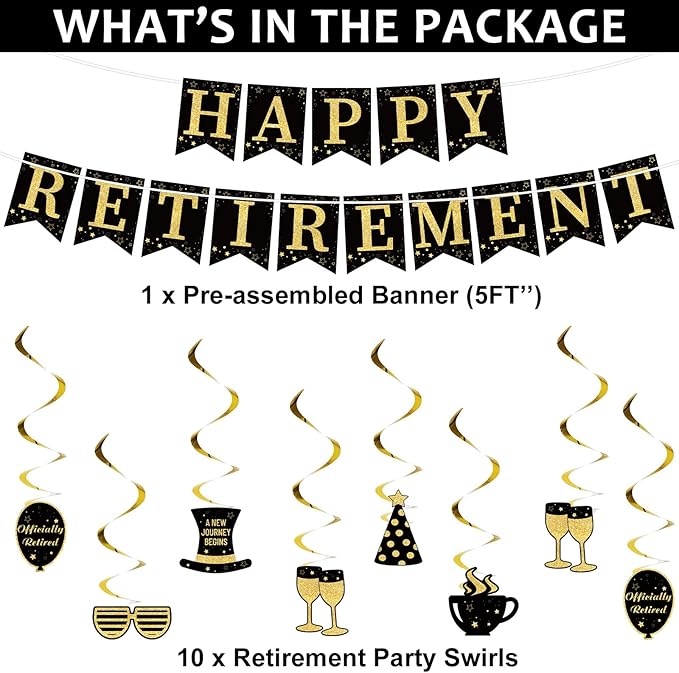 184pcs Happy Retirement Party Supplies Black Gold Happy Retirement