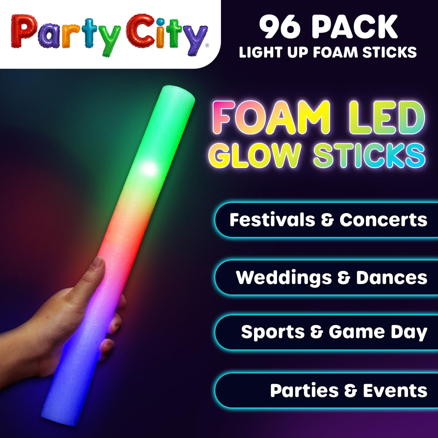 Party City 96pk LED Foam Glow Sticks 14”- Glow in the Dark Party